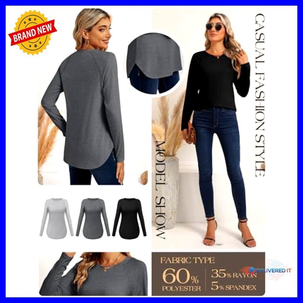 3 Pack Long Sleeve T-Shirts, Raglan Sleeve, Loose Fit, Side Split Hem - Picture 4 of 7
